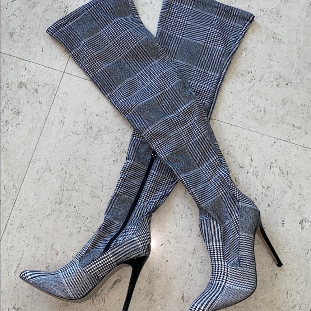 Plaid boots heels